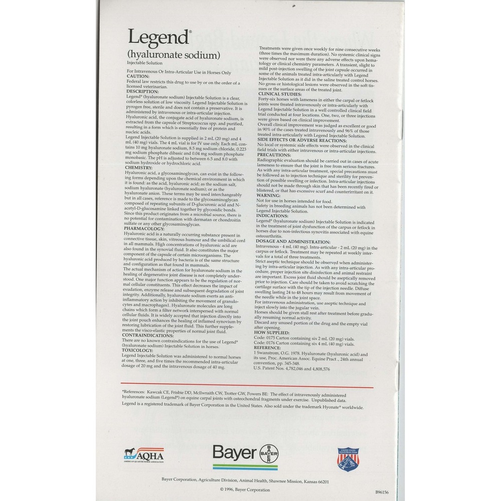 1996 Equine Joint Disease Therapy Legend Hyaluronate Sodium Bayer Pamphlet - Picture 2 of 2